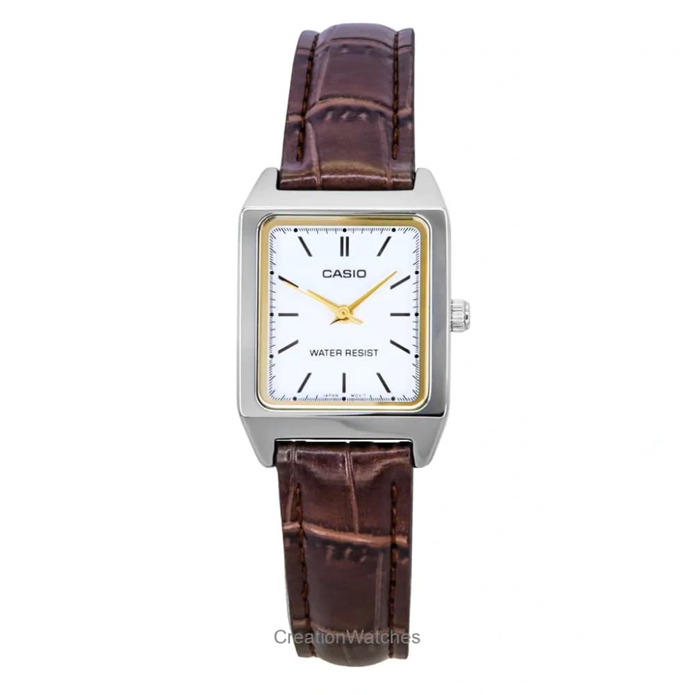 Casio LTP-V007L · Cuero marron / Cara blanca